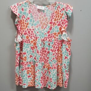 Emily Wonder Colorful Patterned Ruffle Cap Sleeve Top, Large